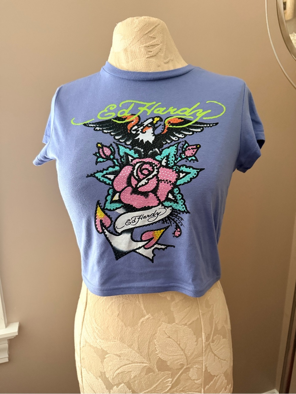 Ed Hardy Periwinkle Cropped Tee with Neon Script & Floral Eagle Motif